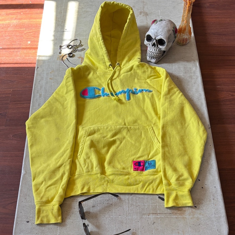 Champion Bright Yellow Script Logo Hoodie